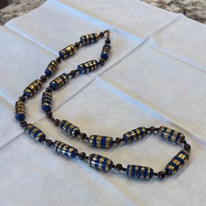 Egyptian Striped Blue and Gold Beaded Necklace